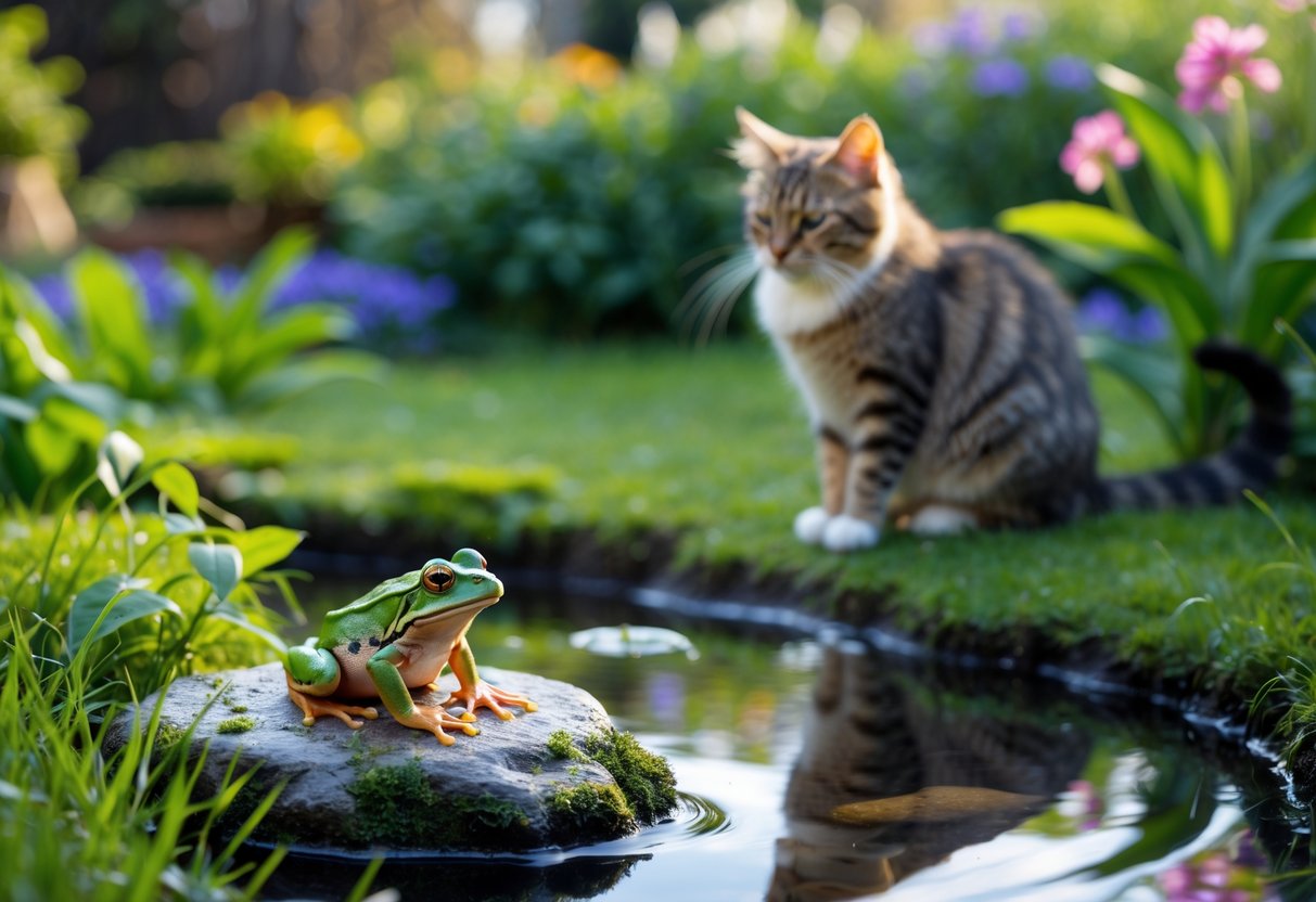 A cat cautiously watching a small green frog near a pond in a garden.