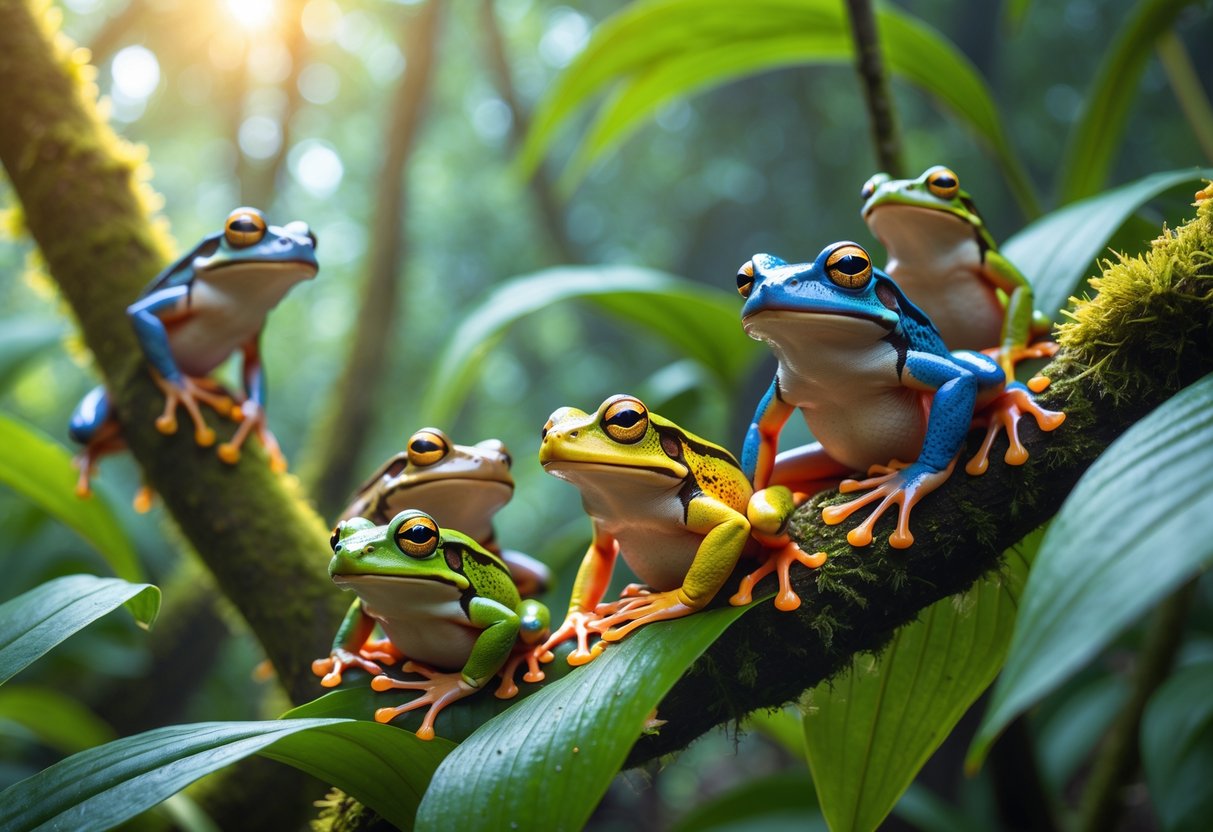 Close-up of colorful poisonous and common frogs on green leaves in a tropical rainforest setting.