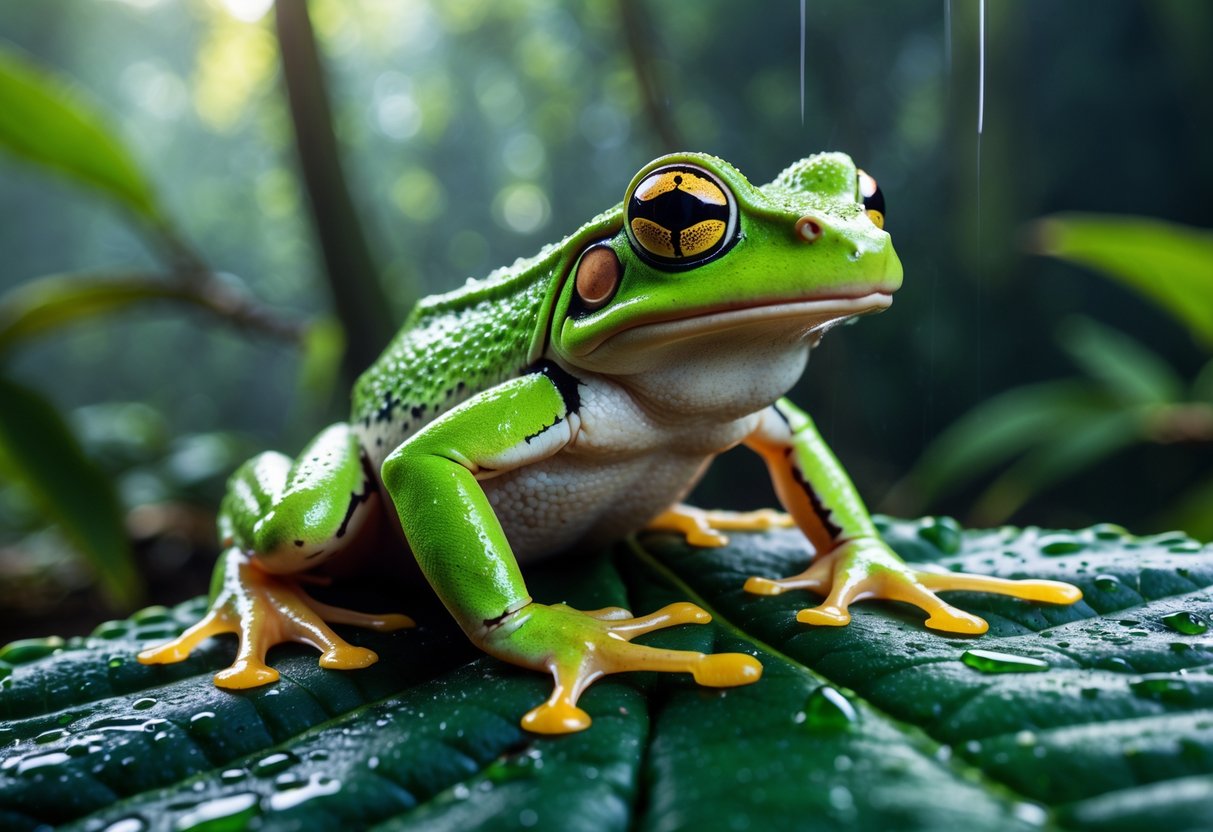 A green poison dart frog sitting on a wet leaf in a rainforest.