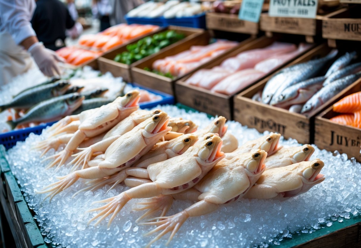 Fresh frog legs displayed on ice at a seafood market stall with a vendor in the background.