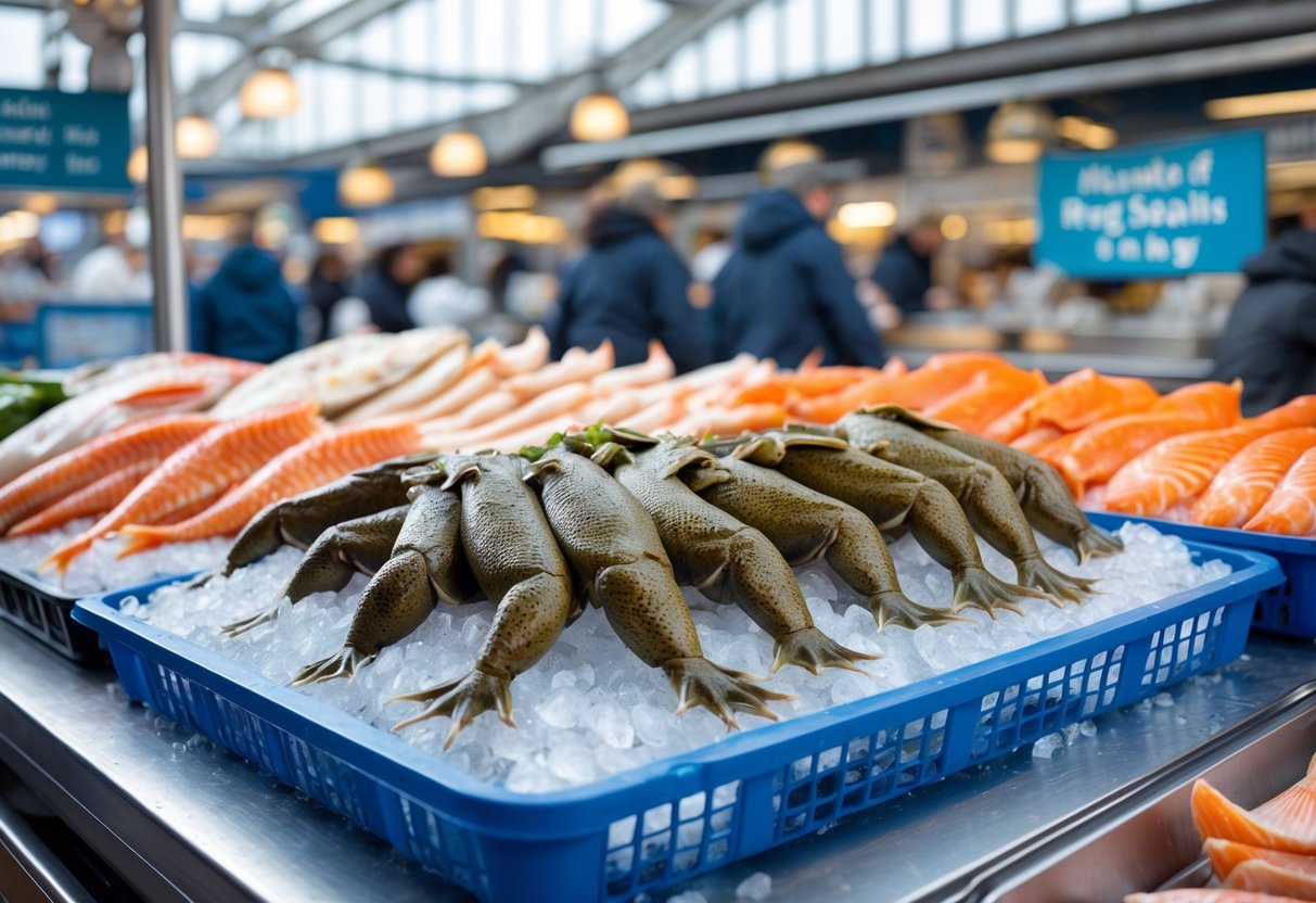 Fresh frog legs displayed on ice at a seafood market stall with other seafood and market elements in the background.