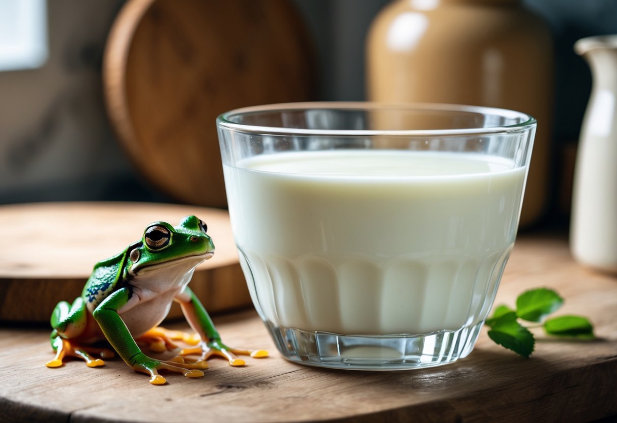 A green frog sitting on the edge of a glass bowl filled with milk on a wooden table in a kitchen.