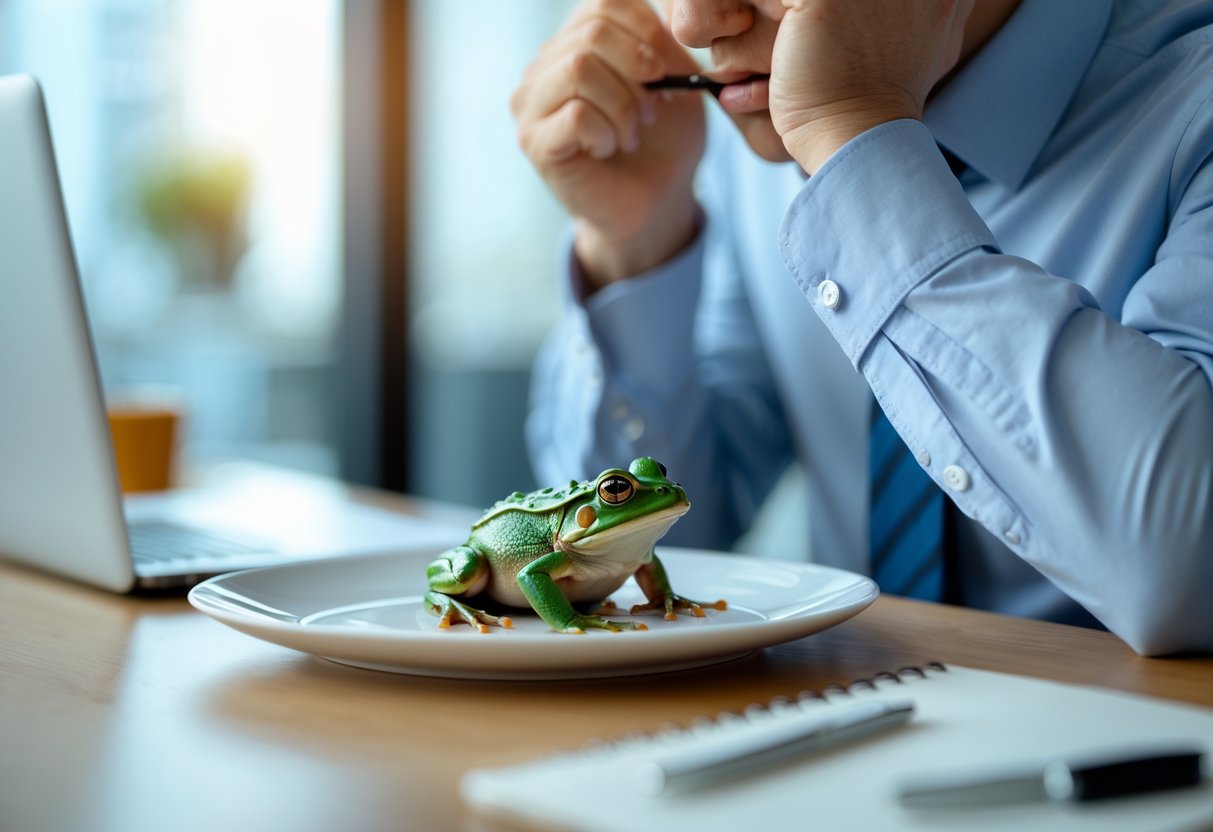 A person sitting at a desk looking serious, about to eat a small frog placed on a plate.