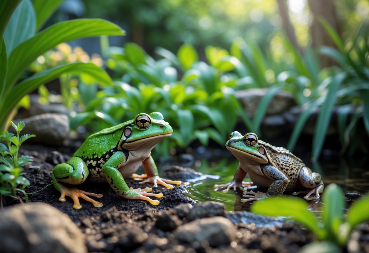 A frog and a toad sitting on the ground in a garden near plants and a small pond.