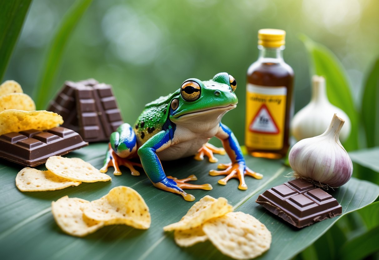 A green frog sitting on leaves surrounded by chocolate, chips, onions, garlic, and a small bottle of alcohol.