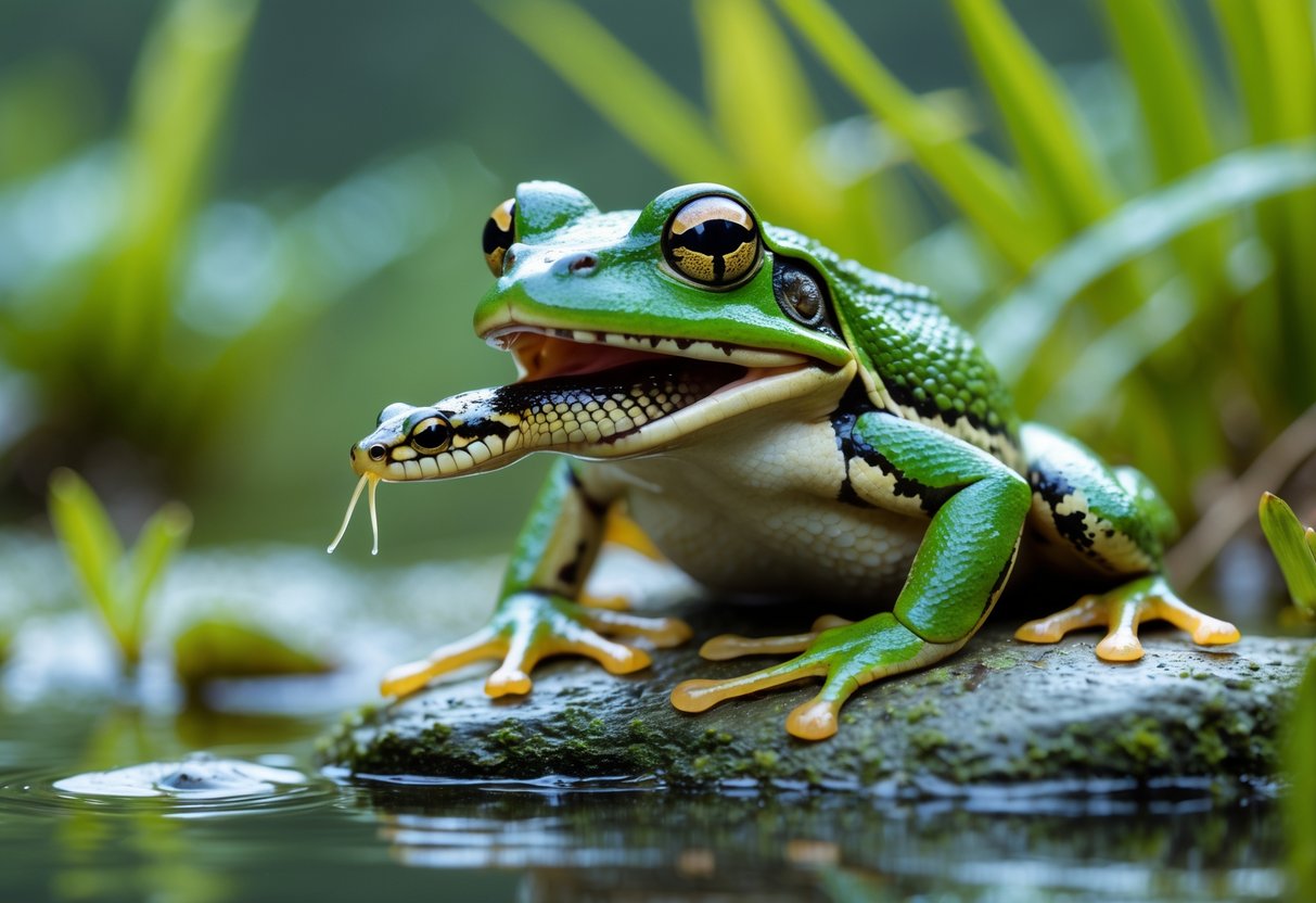 A green frog on a mossy rock near a pond is eating a small snake.
