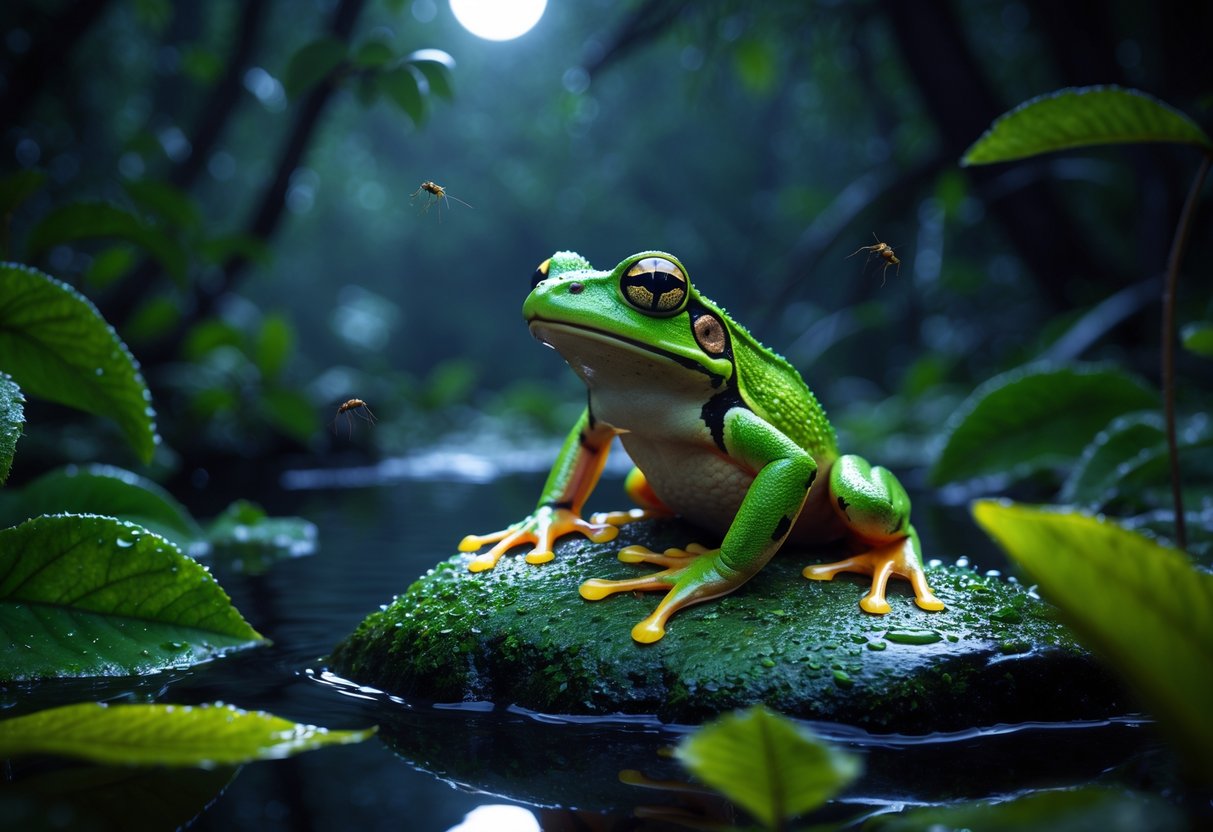 A green frog sitting on a mossy rock in a dark forest at night with dew-covered leaves and insects nearby.