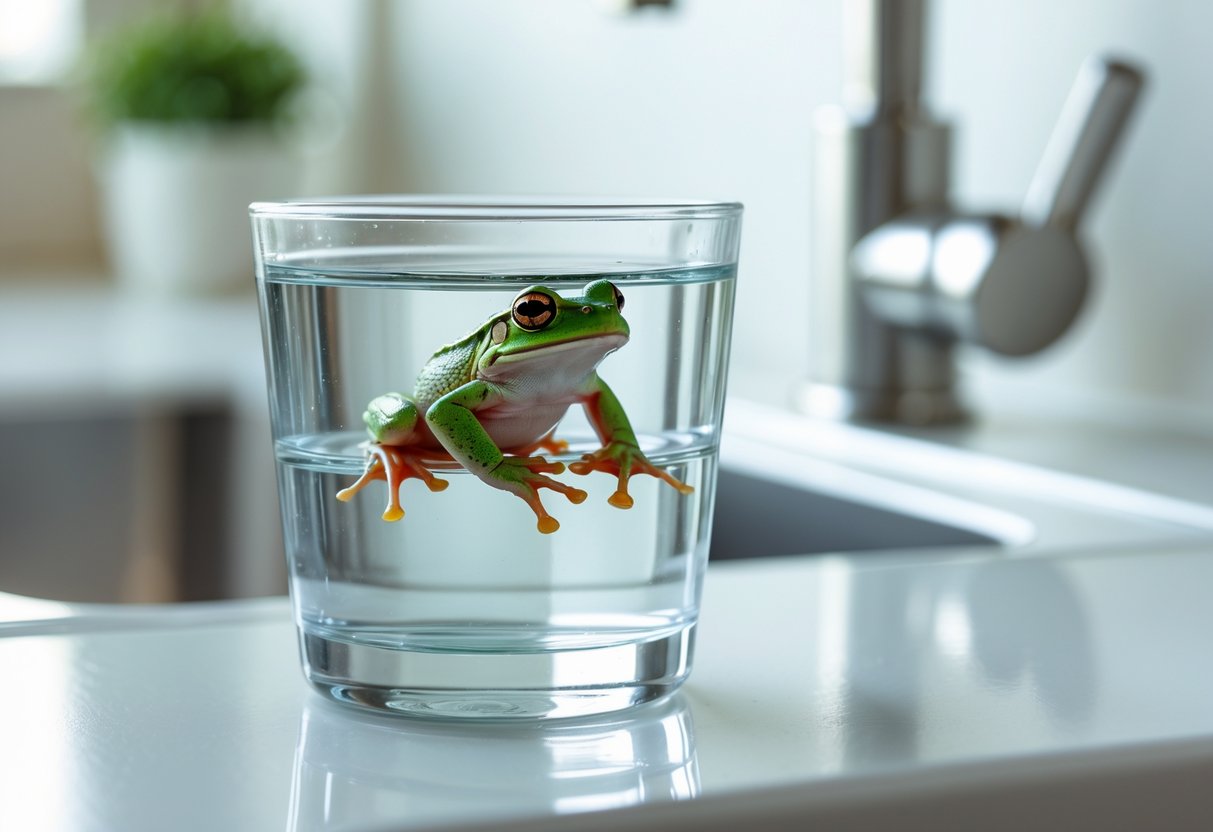 A green frog sitting on the edge of a glass of clear tap water with a kitchen faucet in the background.