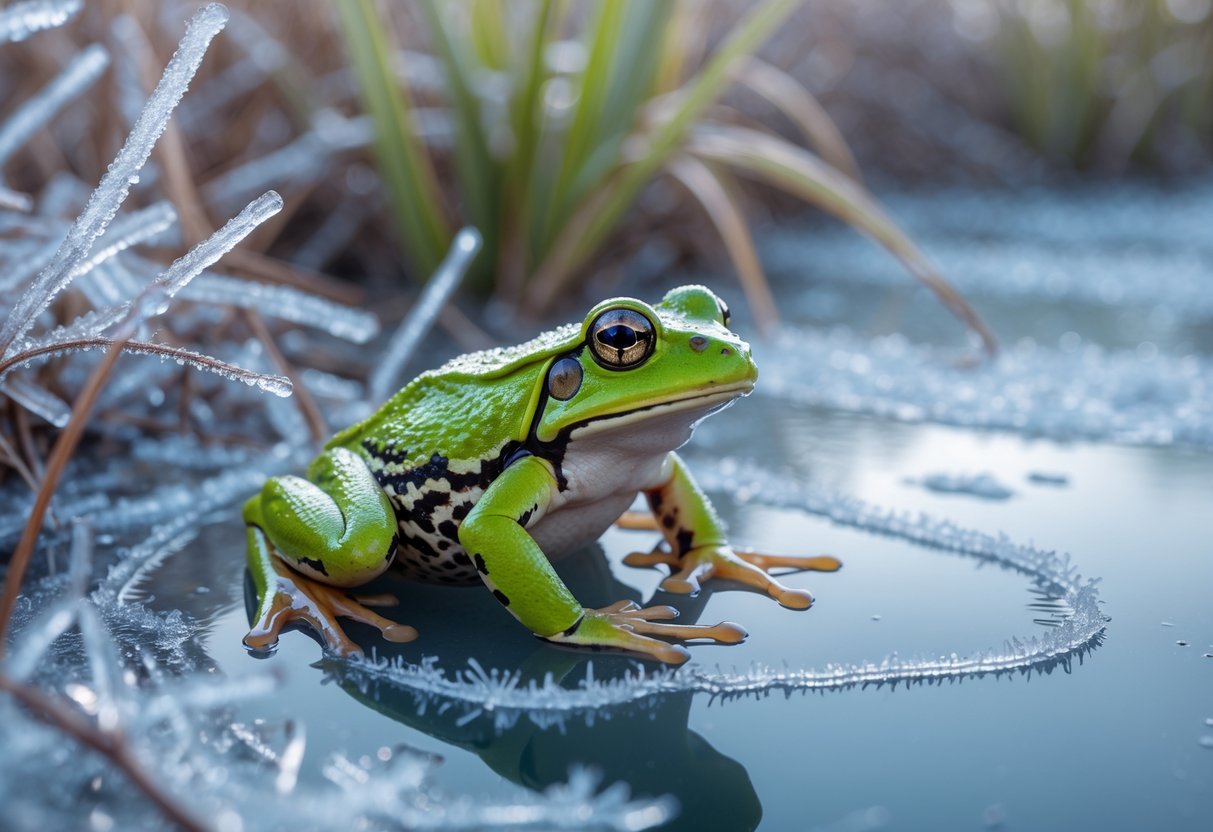 A green frog sitting on a partially frozen pond surrounded by ice crystals and frost.