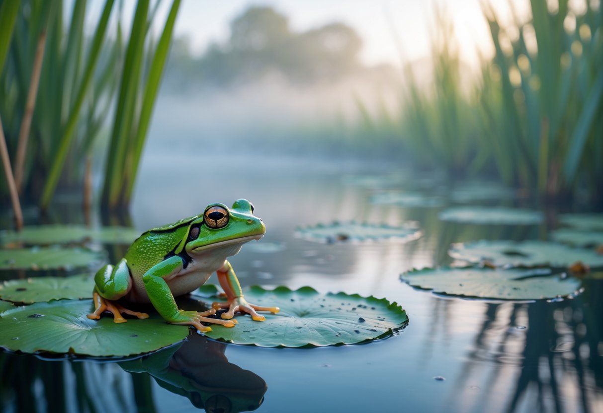 A green frog sitting on a lily pad in a misty pond surrounded by reeds and lily pads.