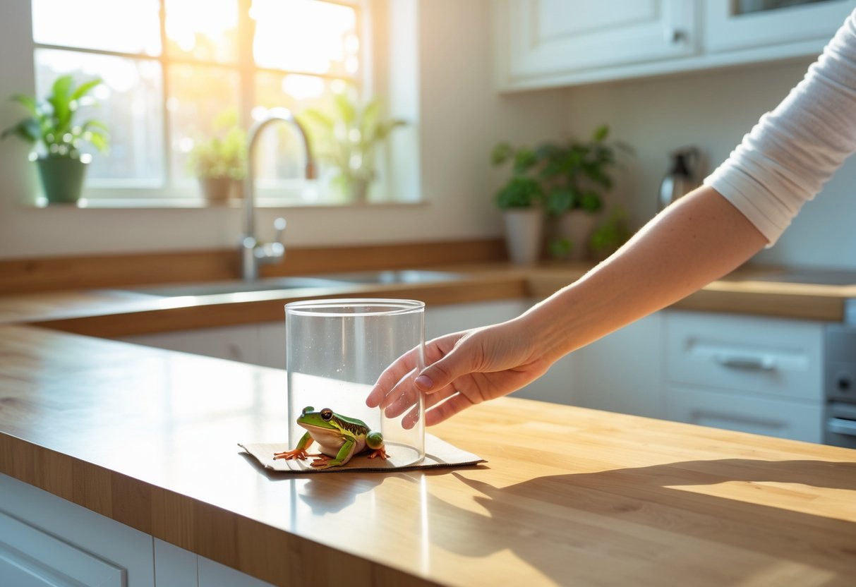 A person gently capturing a small green frog on a kitchen countertop using a glass and cardboard.