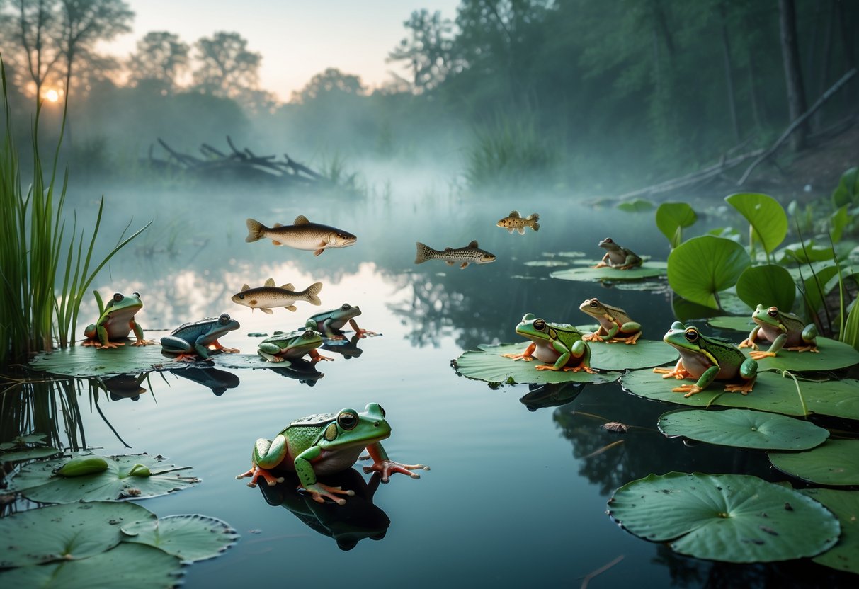 A pond at dawn with frogs on lily pads, surrounded by vegetation and subtle signs of environmental threats like pollutants and habitat damage.
