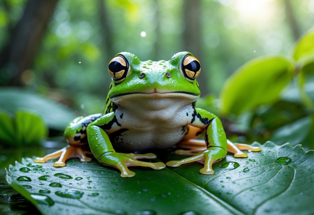 A green frog sitting on a wet leaf in a forest, looking alert and focused.