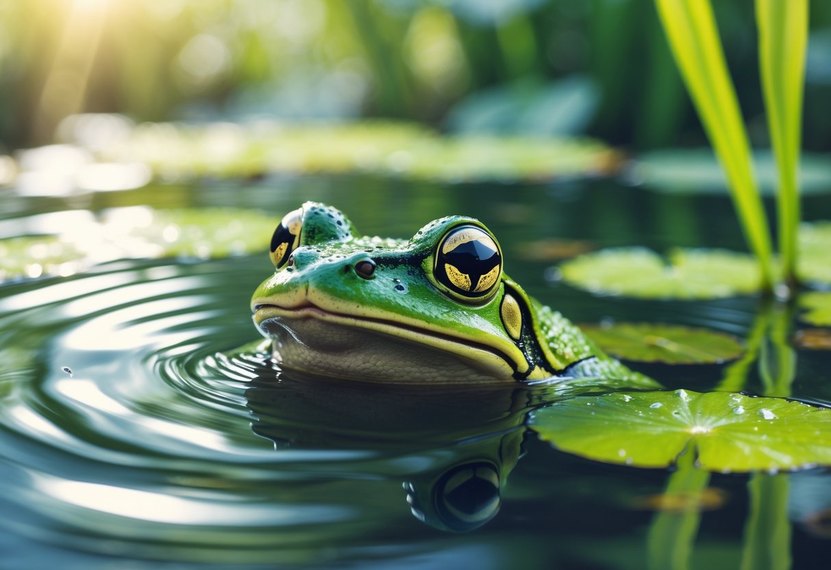 A green frog partially submerged in a pond with its eyes and nostrils above the water surface surrounded by aquatic plants.