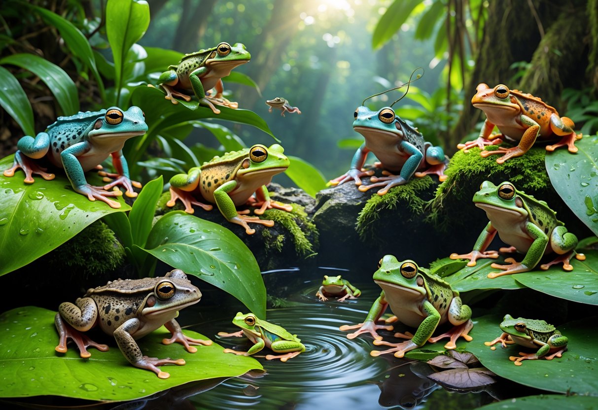Multiple frog species in a tropical rainforest near a pond, showing frogs on leaves, rocks, and in water at different life stages.
