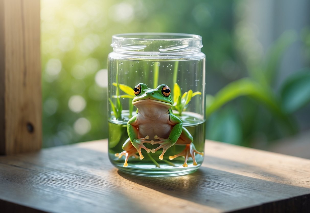 A small green frog sitting inside a clear glass jar with water and plants on a wooden surface.