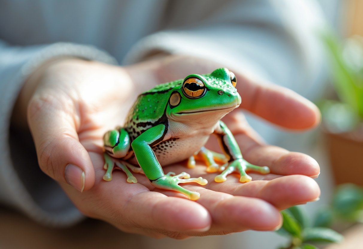 A small green frog resting on a person's open hand indoors.