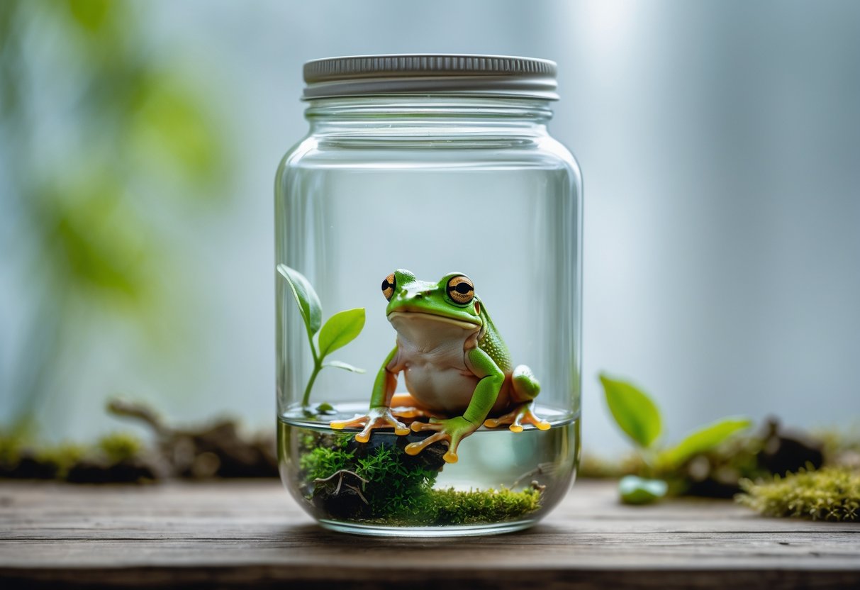 A small green frog sitting inside a clear glass jar on a wooden surface with some leaves and moss around it.