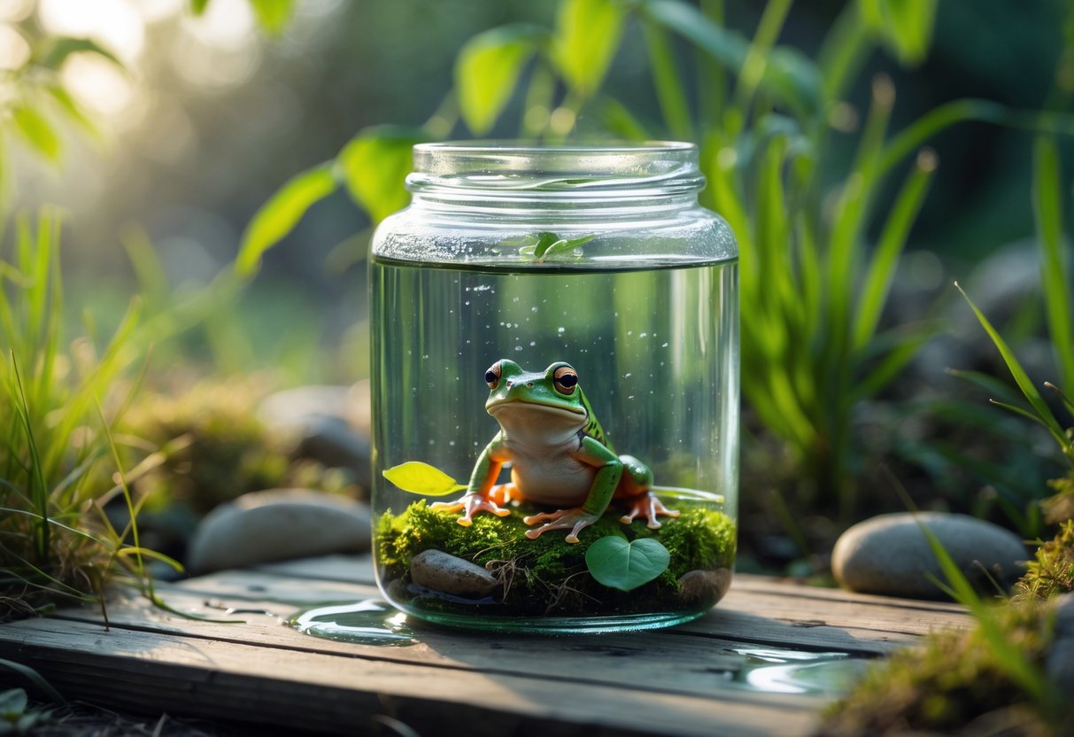 A small green frog sitting inside a clear glass jar placed on a wooden surface with natural outdoor elements around it.