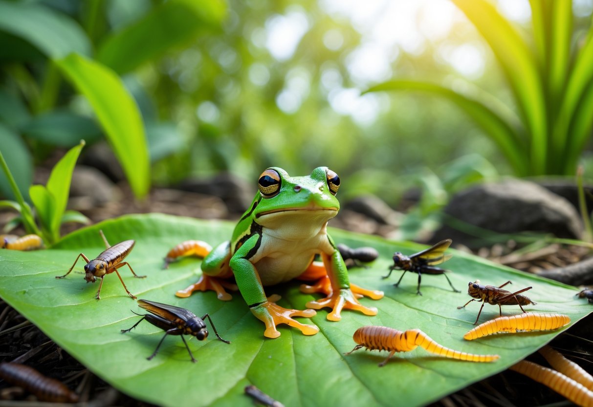A small green frog sitting on a leaf surrounded by insects like crickets and worms in a natural outdoor environment.