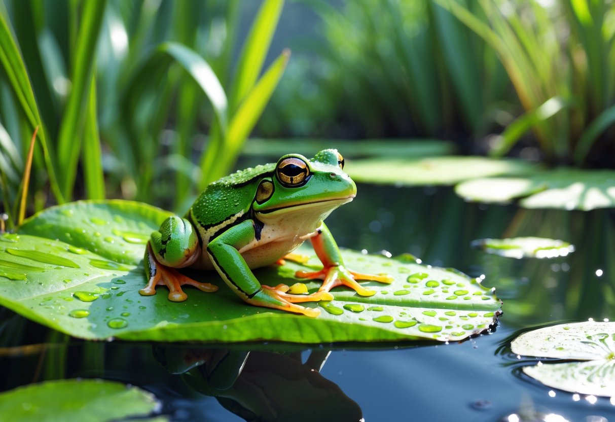 A green frog sitting on a leaf next to a calm pond with surrounding plants.
