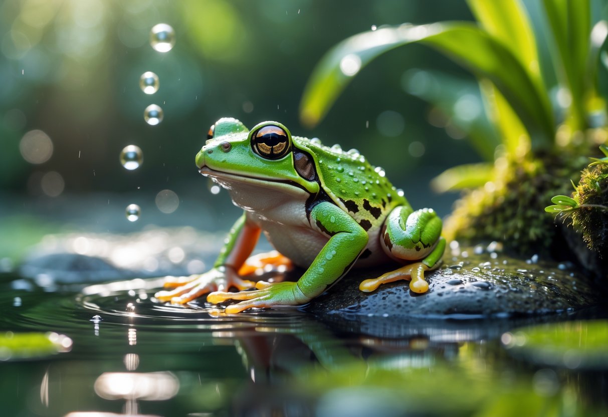 A green frog sitting on a wet mossy rock near a clear pond surrounded by plants.