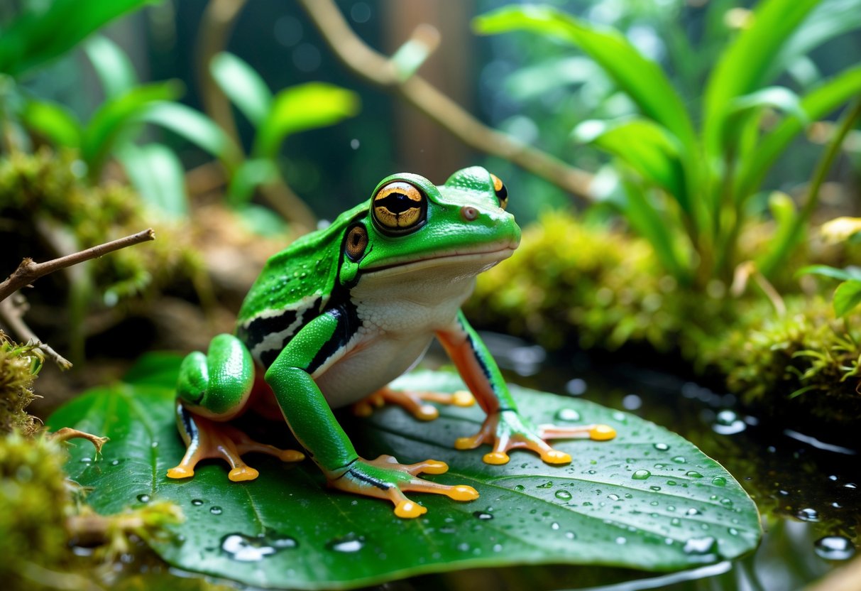 A green pet frog sitting on a wet leaf inside a natural terrarium with greenery and water droplets.