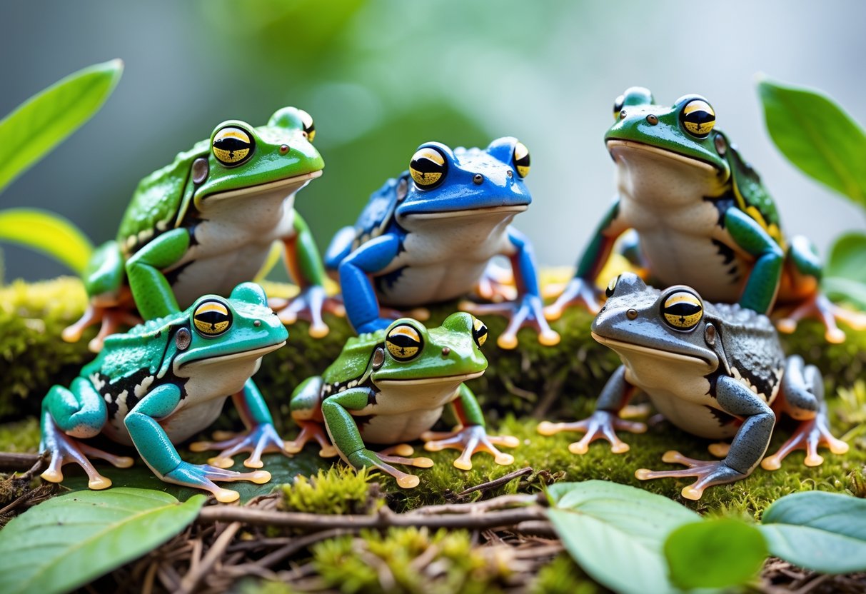 Several different species of pet frogs sitting on moss and leaves with a blurred green background.