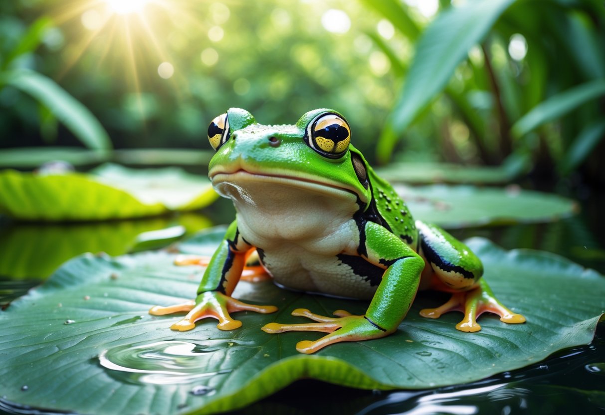 A green frog sitting on a lily pad in a calm pond surrounded by green plants.