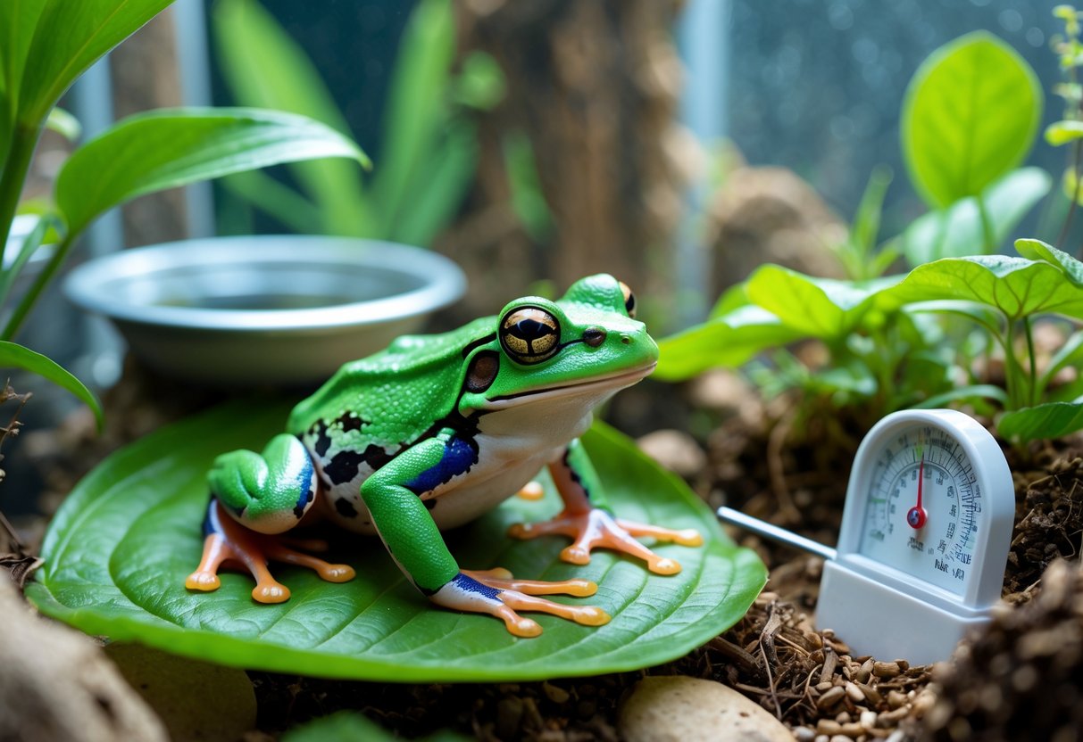 A healthy green pet frog sitting on a leaf inside a terrarium with plants, water dish, and a thermometer nearby.