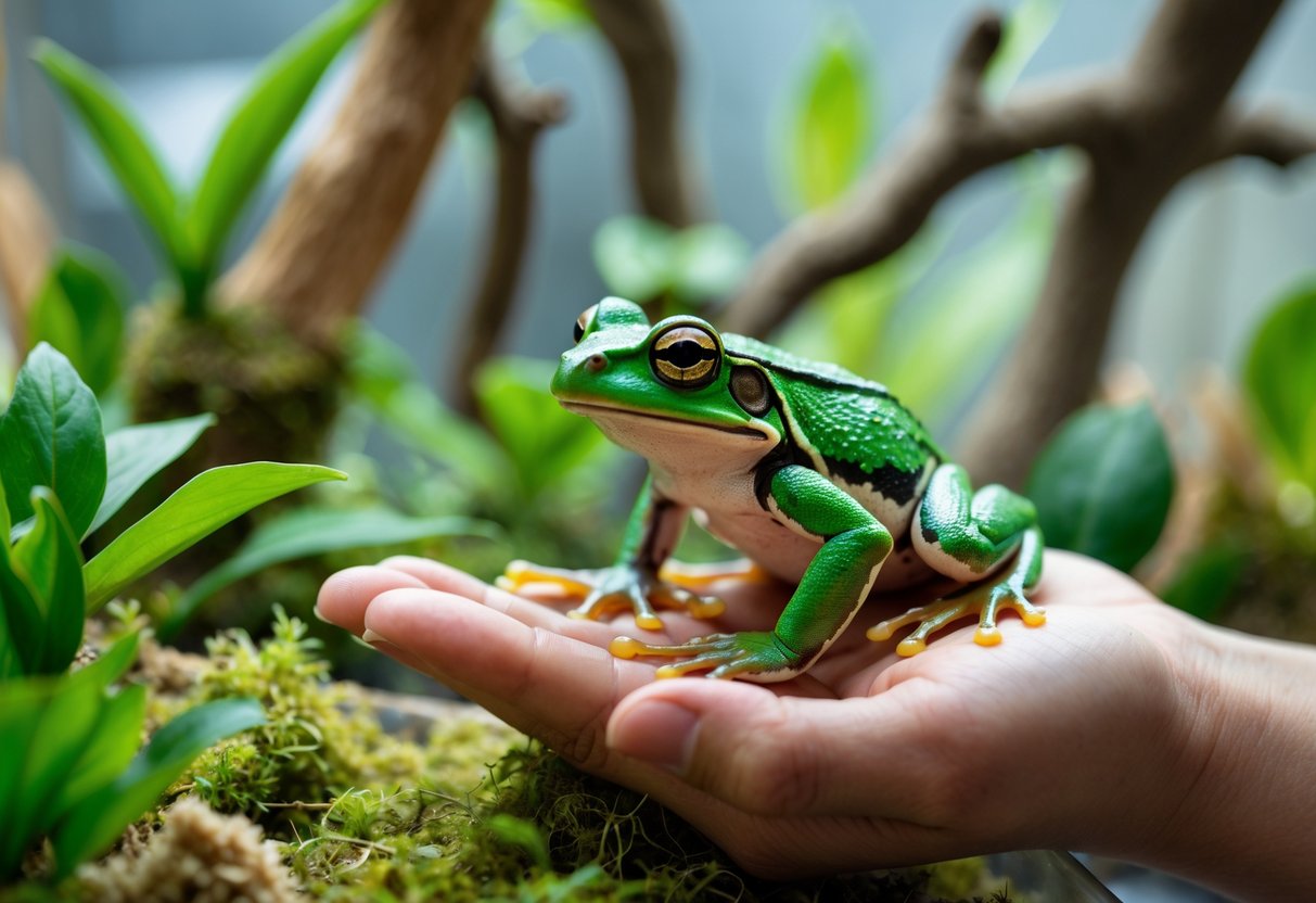A wild green frog sitting on a person's hand inside a terrarium with plants and wood.