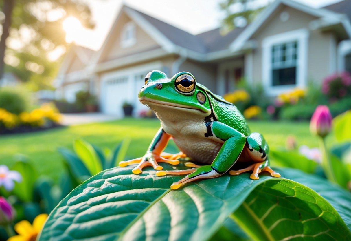 A green frog sitting on a garden leaf near a house with flowers and trees in the background.