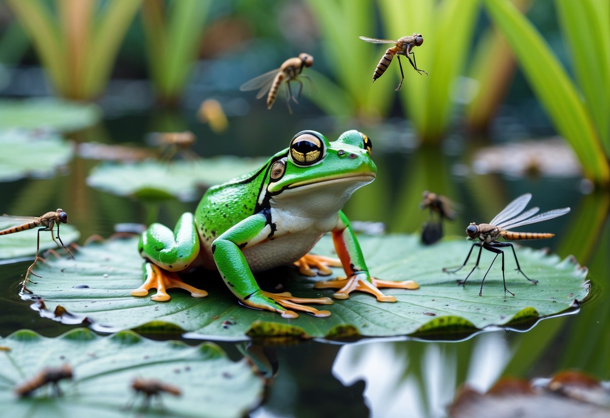 A green frog sitting on a lily pad in a pond with insects flying nearby.