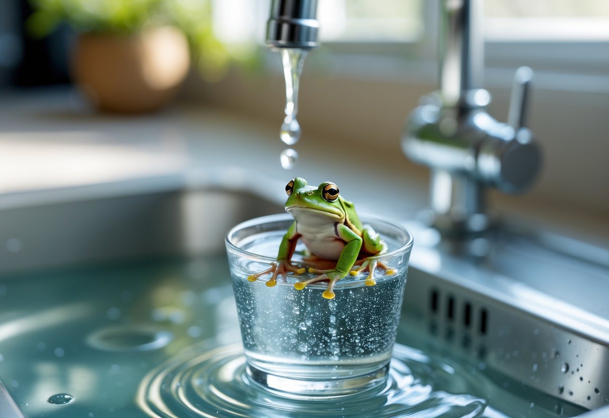 A small green frog sitting on the edge of a glass filled with tap water near a kitchen sink with a faucet dripping water.