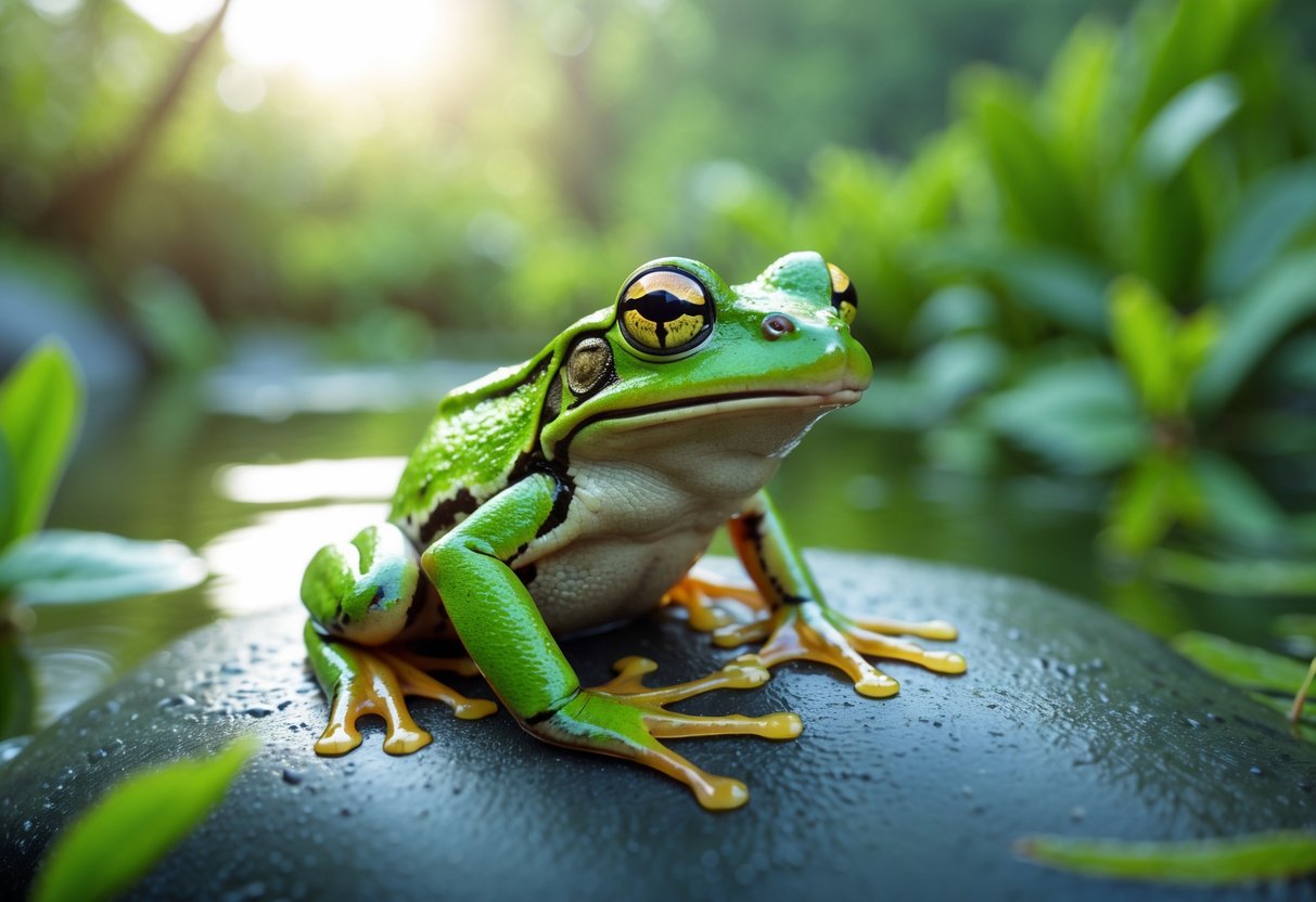 A green frog sitting calmly on a wet rock near a clear pond surrounded by green plants.