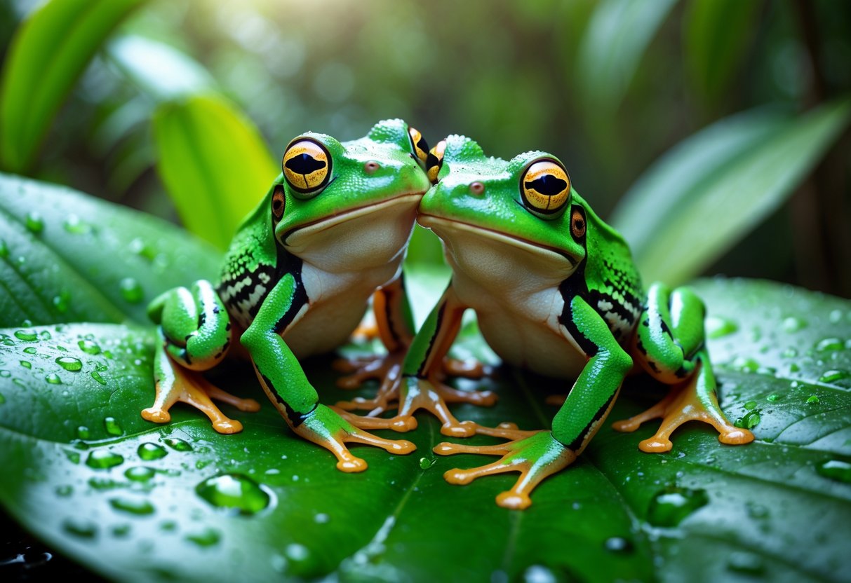 Two green frogs gently hugging each other on a wet leaf in a rainforest.