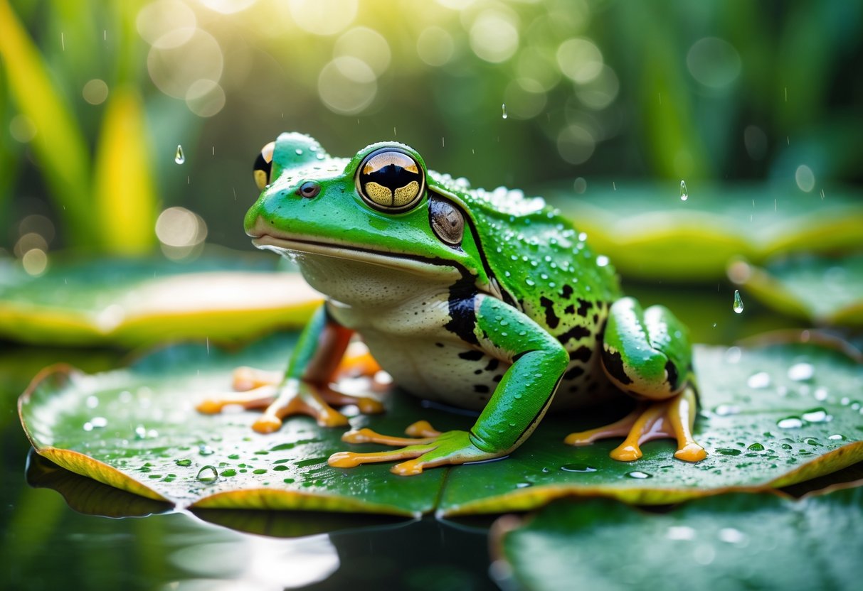 A green frog sitting calmly on a lily pad in a pond surrounded by plants.