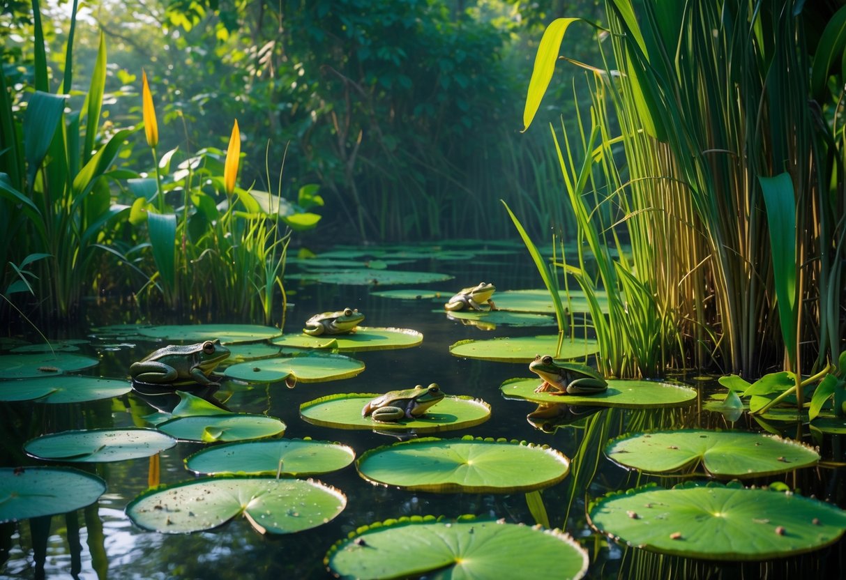 Several frogs resting on lily pads and among reeds in a calm wetland during the day.