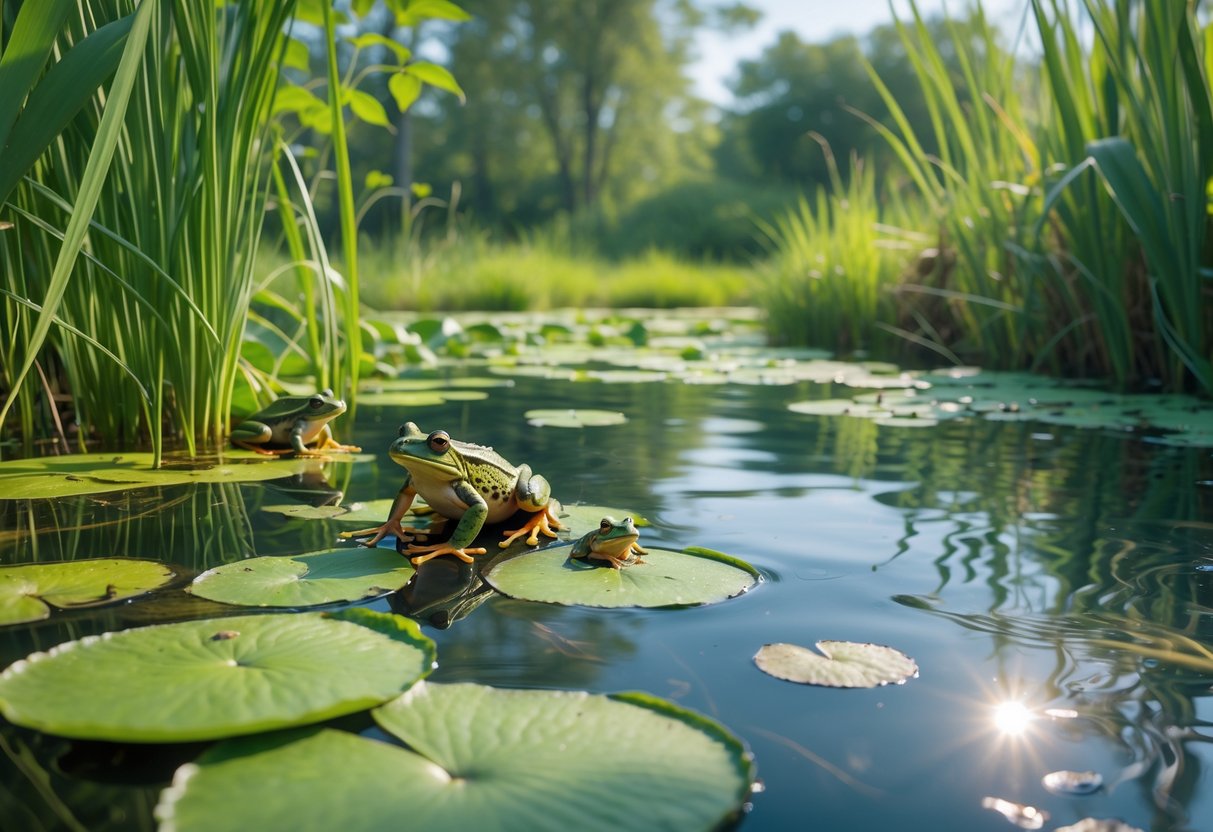 A daytime pond scene with frogs on lily pads, near water edges, and among reeds surrounded by green plants and sunlight.