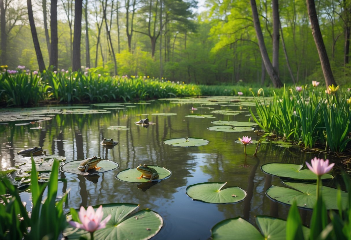 A peaceful pond in early spring with frogs near the water and on lily pads surrounded by green plants and flowers.
