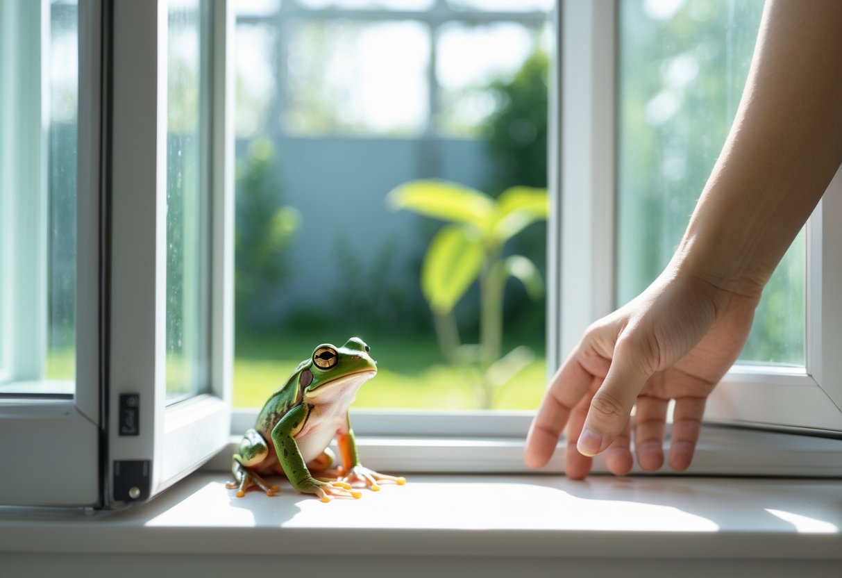 A small green frog on the edge of an open window inside a living room with a hand reaching out to it.
