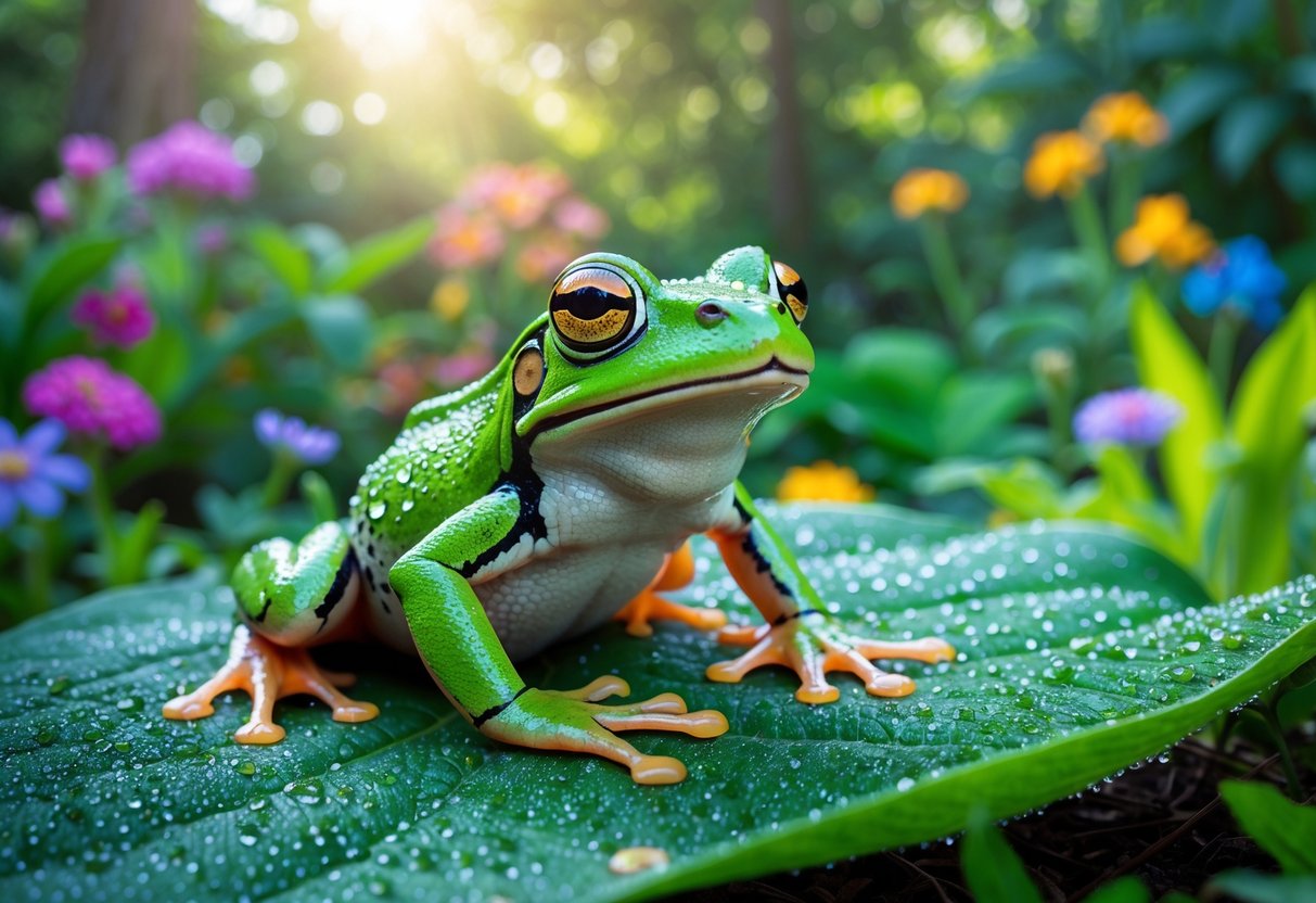 A green frog sitting on a leaf in a garden surrounded by plants and flowers.