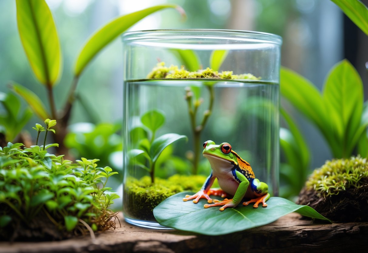 A colorful tree frog perched on a leaf inside a glass terrarium with green plants and moss.