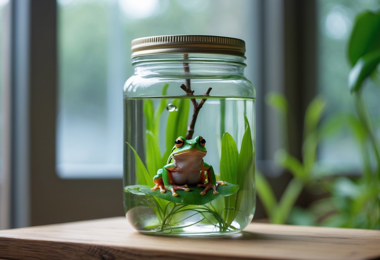 A clear glass jar containing a small green frog, water, and aquatic plants on a wooden surface with natural light coming from a window.