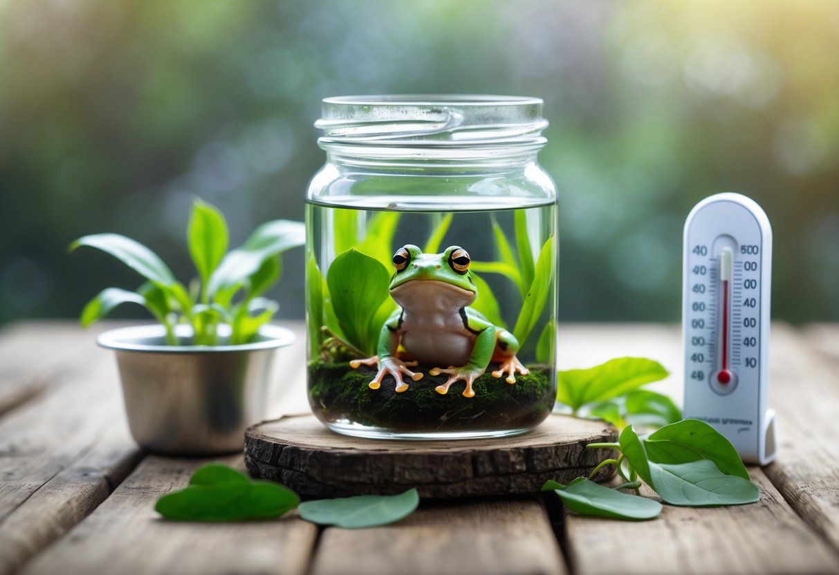 A green frog sitting inside a clear glass jar with water and plants on a wooden surface surrounded by items representing frog care.
