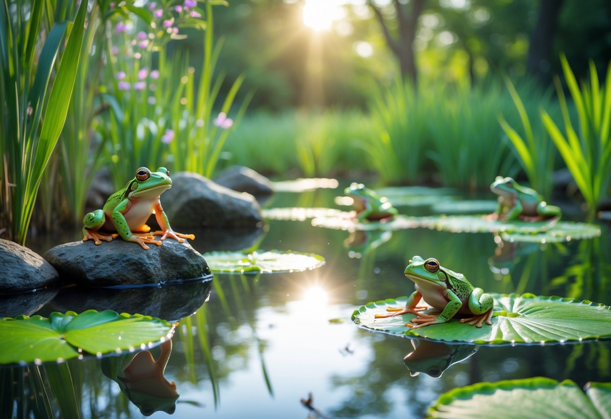 A natural pond with green frogs sitting on lily pads and rocks surrounded by plants and clear water.
