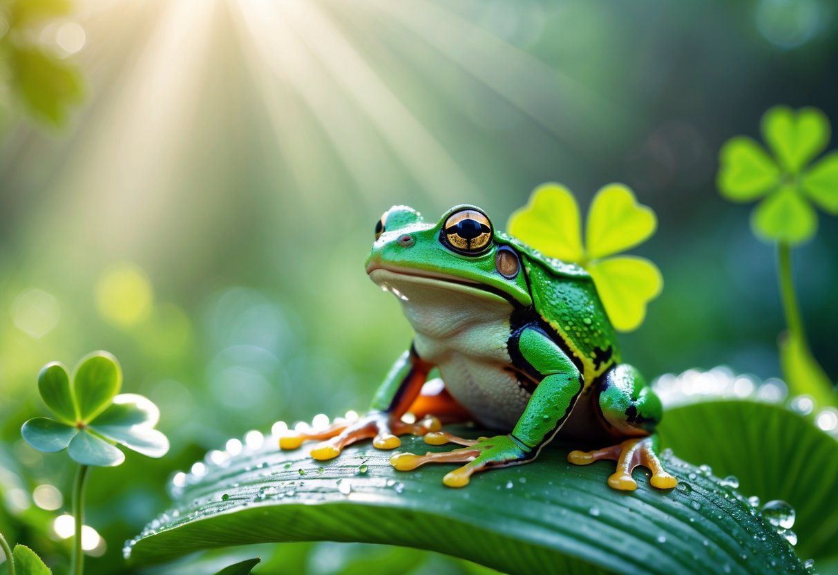A green frog sitting on a dew-covered leaf in a garden with soft sunlight and a four-leaf clover nearby.