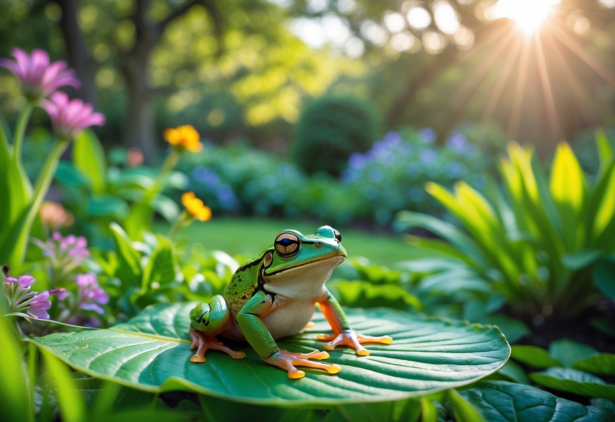 A small green frog sitting on a leaf in a garden with flowers and plants around it.