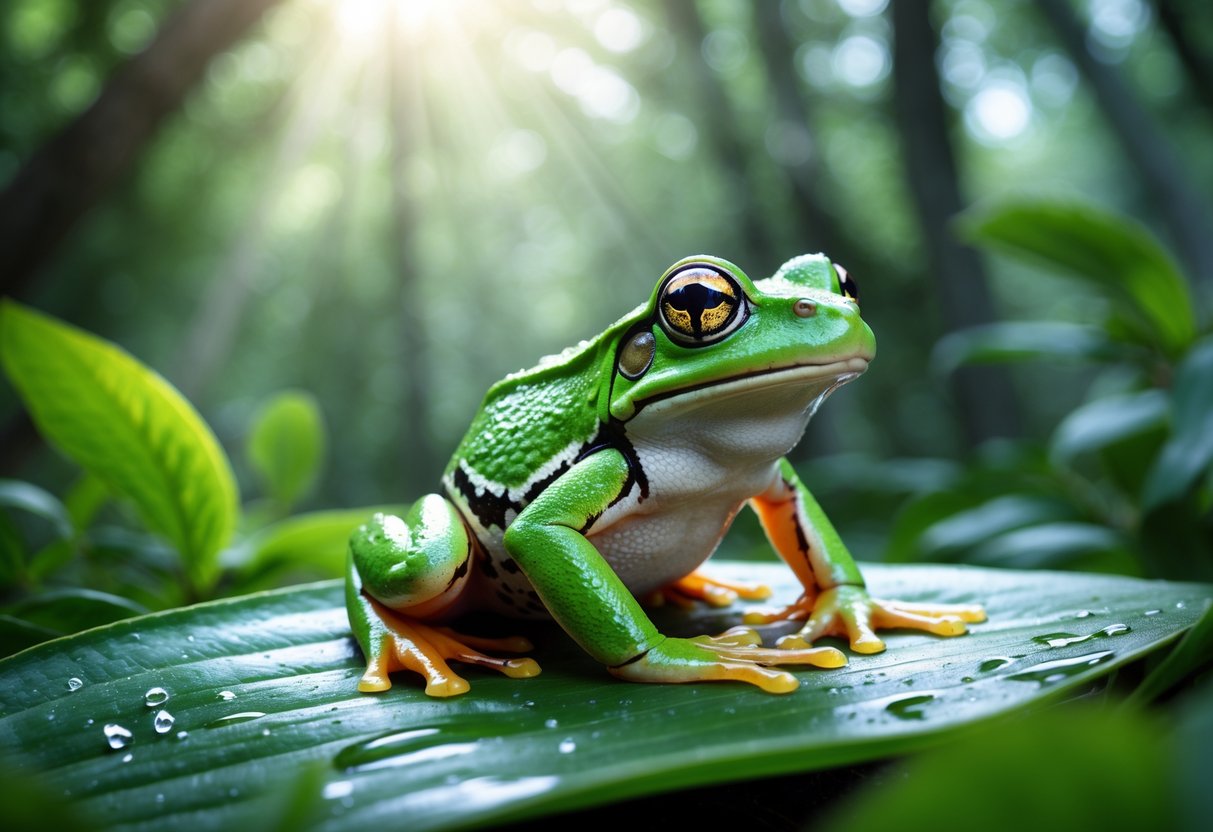 A green frog sitting on a wet leaf in a forest with sunlight filtering through the trees.