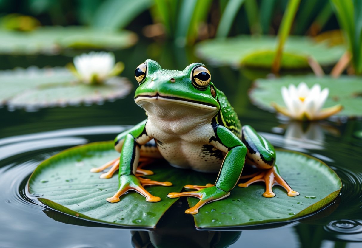 A green frog sitting on a lily pad in a calm pond surrounded by water lilies and greenery.